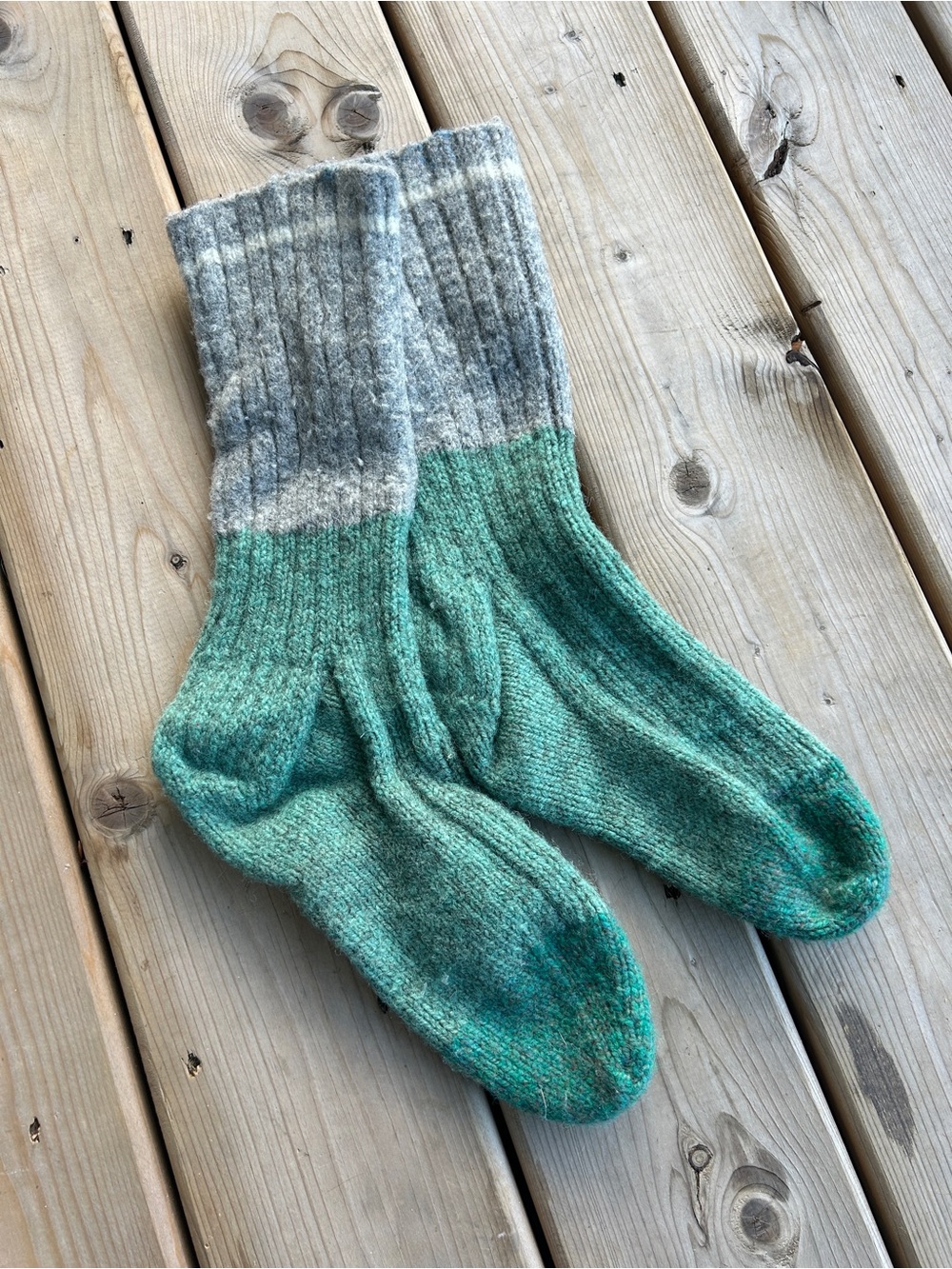 Cozy Handmade Wool Knit Crew Socks in Gray & Green